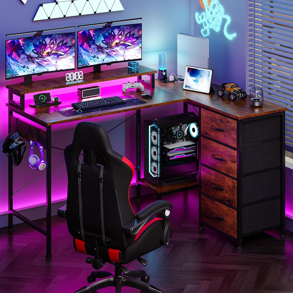 L Shaped Gaming Desk with 4 Drawers, 51" Reversible Computer Desk with Monitor Stand, Home Office Table with USB Port&LED Lights, L Shape Corner Desk with Open Shelves&Hooks, Rustic Brown