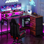 L Shaped Gaming Desk with 4 Drawers, 51" Reversible Computer Desk with Monitor Stand, Home Office Table with USB Port&LED Lights, L Shape Corner Desk with Open Shelves&Hooks, Rustic Brown