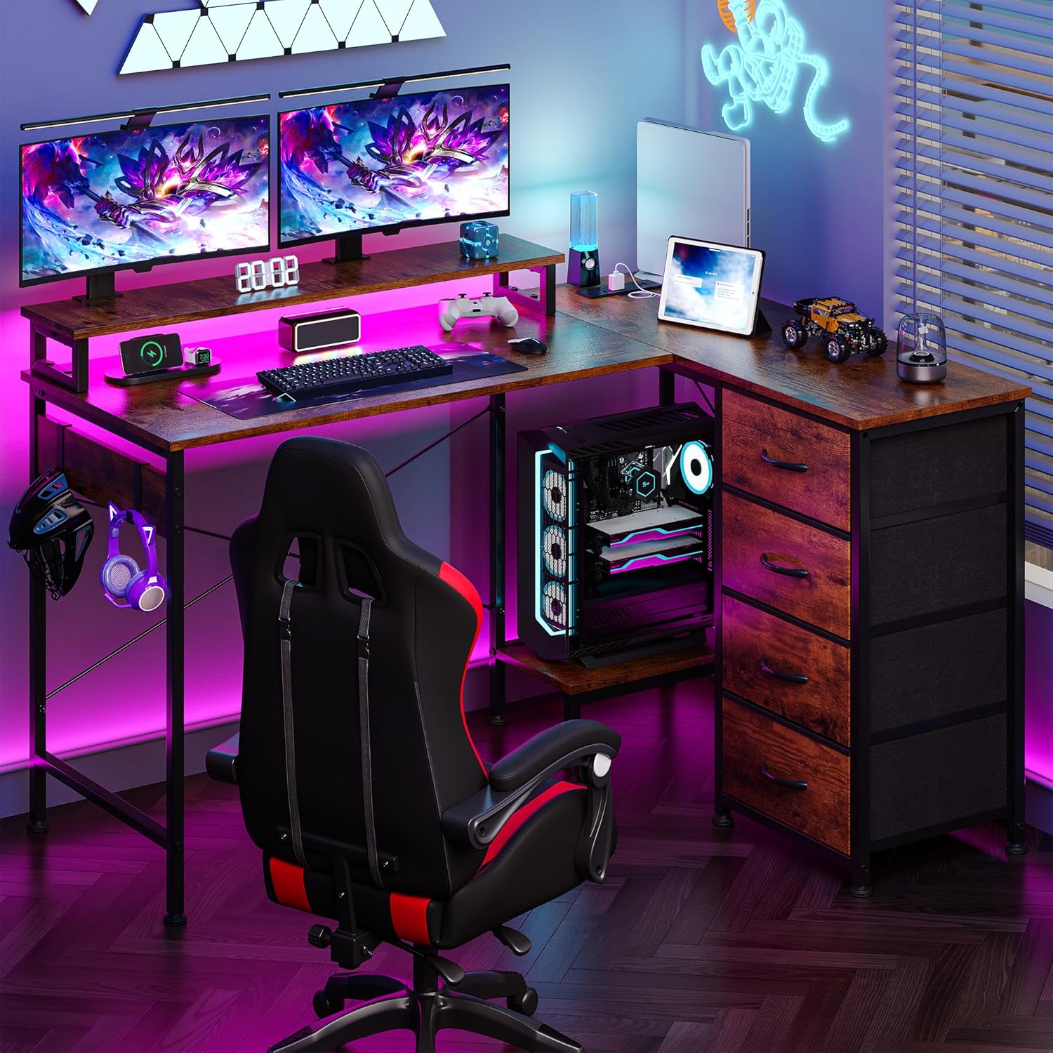 L Shaped Gaming Desk with 4 Drawers, 51" Reversible Computer Desk with Monitor Stand, Home Office Table with USB Port&LED Lights, L Shape Corner Desk with Open Shelves&Hooks, Rustic Brown