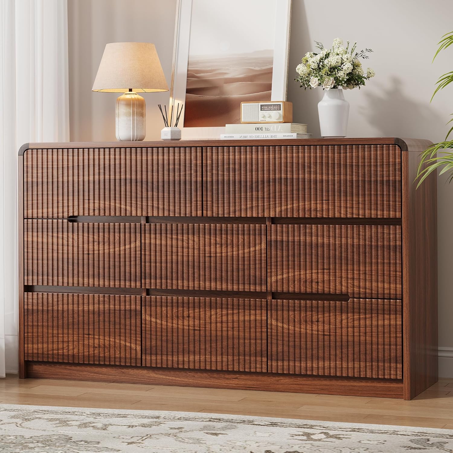 Fluted Dresser for Bedroom, 8 Drawer Dressers for Closet 53" Wide Large Wood Dresser Modern TV Stand, Wooden Clothes Storage Organizer Chest of Drawers for Living Room Hallway Entryway
