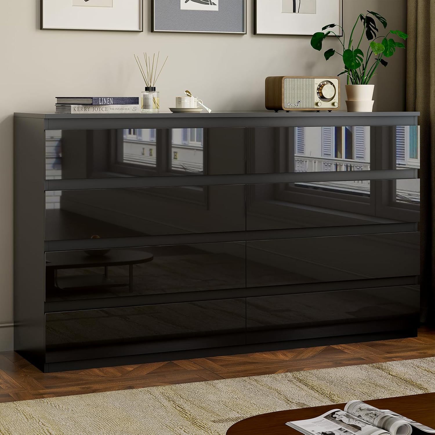 Black Wood Dresser for Bedroom, 8 Drawer Dressers for Clothes Storage, Modern Dresser with Wide Drawers, Wide Wooden Chest Drawers for Living Room, Entryway, TV Stand(55" W x15.4 Dx32.3 H)