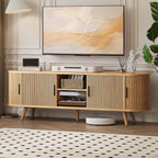 62" Fluted TV Stand, Mid Century Modern TV Stand for TVs up to 70", Entertainment Center with Storage, Sliding Doors, Adjustable Shelf, Wood Media Console for Living Room, Bedroom, Natural