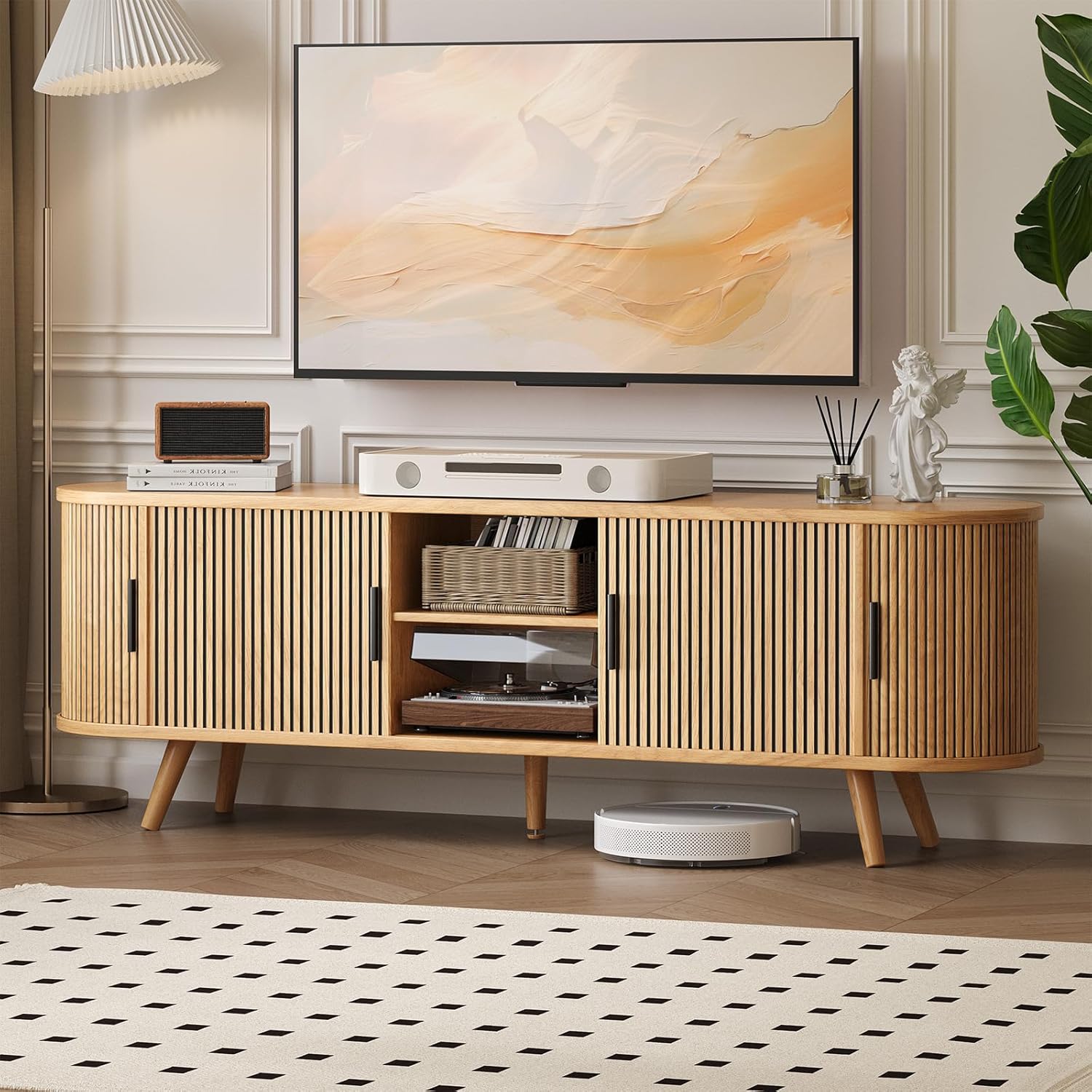 62" Fluted TV Stand, Mid Century Modern TV Stand for TVs up to 70", Entertainment Center with Storage, Sliding Doors, Adjustable Shelf, Wood Media Console for Living Room, Bedroom, Natural