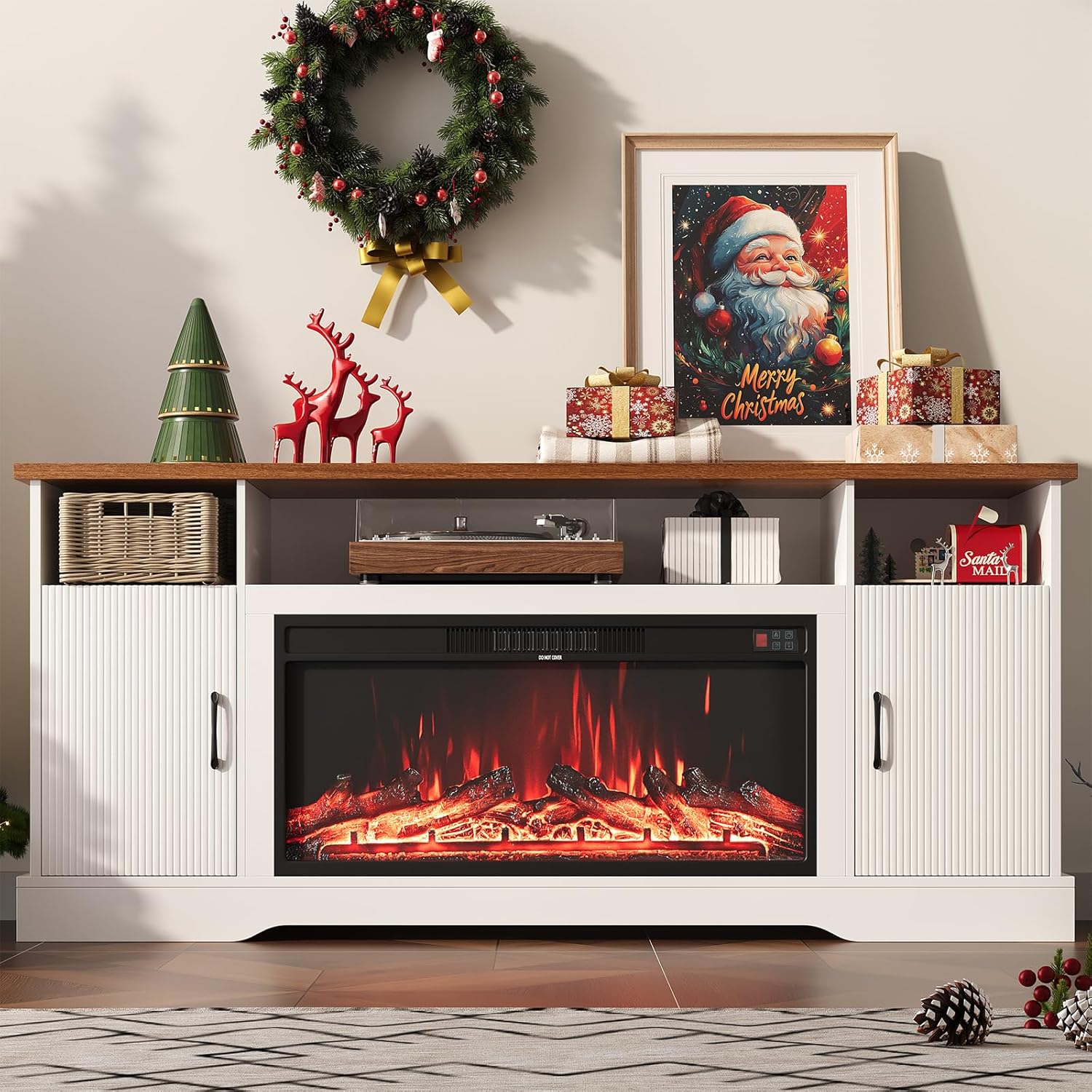 70 inch Fireplace TV Stand for Living Room, Electric Fireplace TV Stand with 12 Colors of 3D Flame & Heating, Entertainment Center with Storage Cabinet (White, Wavecrest)
