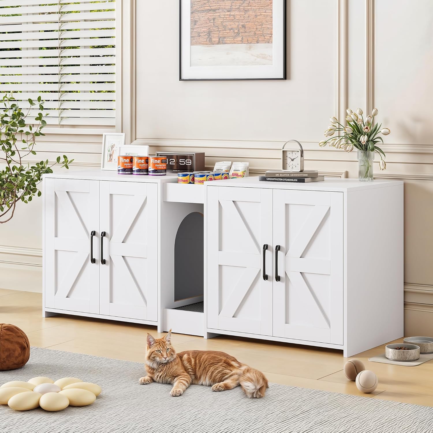 Litter Box Enclosure for 2 Cats, Hidden Litter Box Furniture with Double Rooms, Cat Bed, PVC Pad and Scratch Pad, White