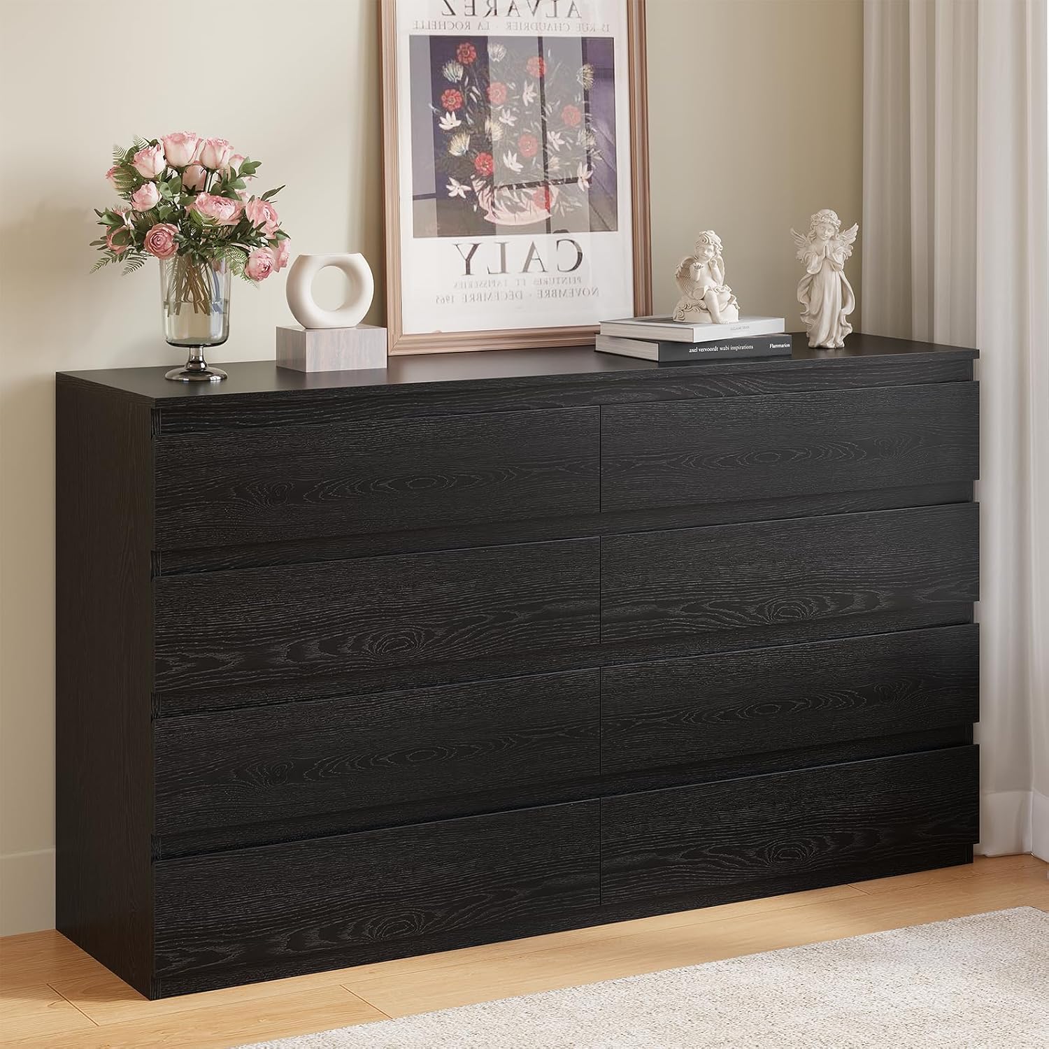 Black Wood Dresser for Bedroom, 8 Drawer Dressers for Clothes Storage, Modern Dresser with Wide Drawers, Wide Wooden Chest Drawers for Living Room|Entryway|TV Stand(55" W x15.4 Dx32.3 H)