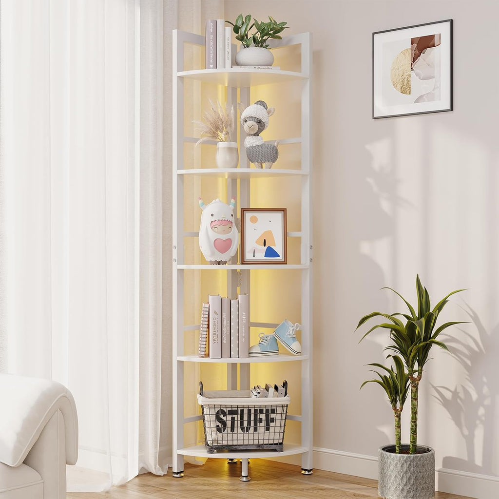 5-Tier Corner Shelf Stand with LED Light, 70 Inch Tall Display Shelf for Living Room, Bedroom, Bookshelf, Industrial Shelf with Steel Frame, Plant Shelf (White)