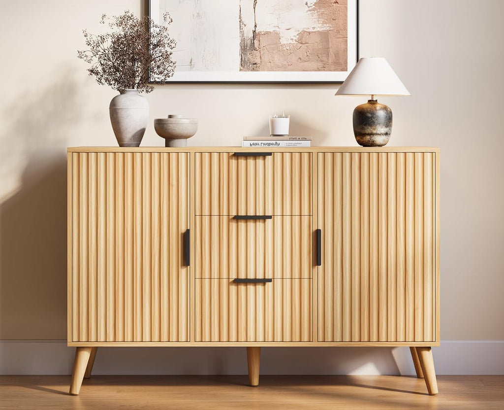 47" Natural Sideboard Buffet Cabinet with 3 Drawers, Fluted Modern Buffet Cabinet with Storage, 2 Doors Sideboard Cabinets Accent Credenza for Dining Room|Living Room|Entryway