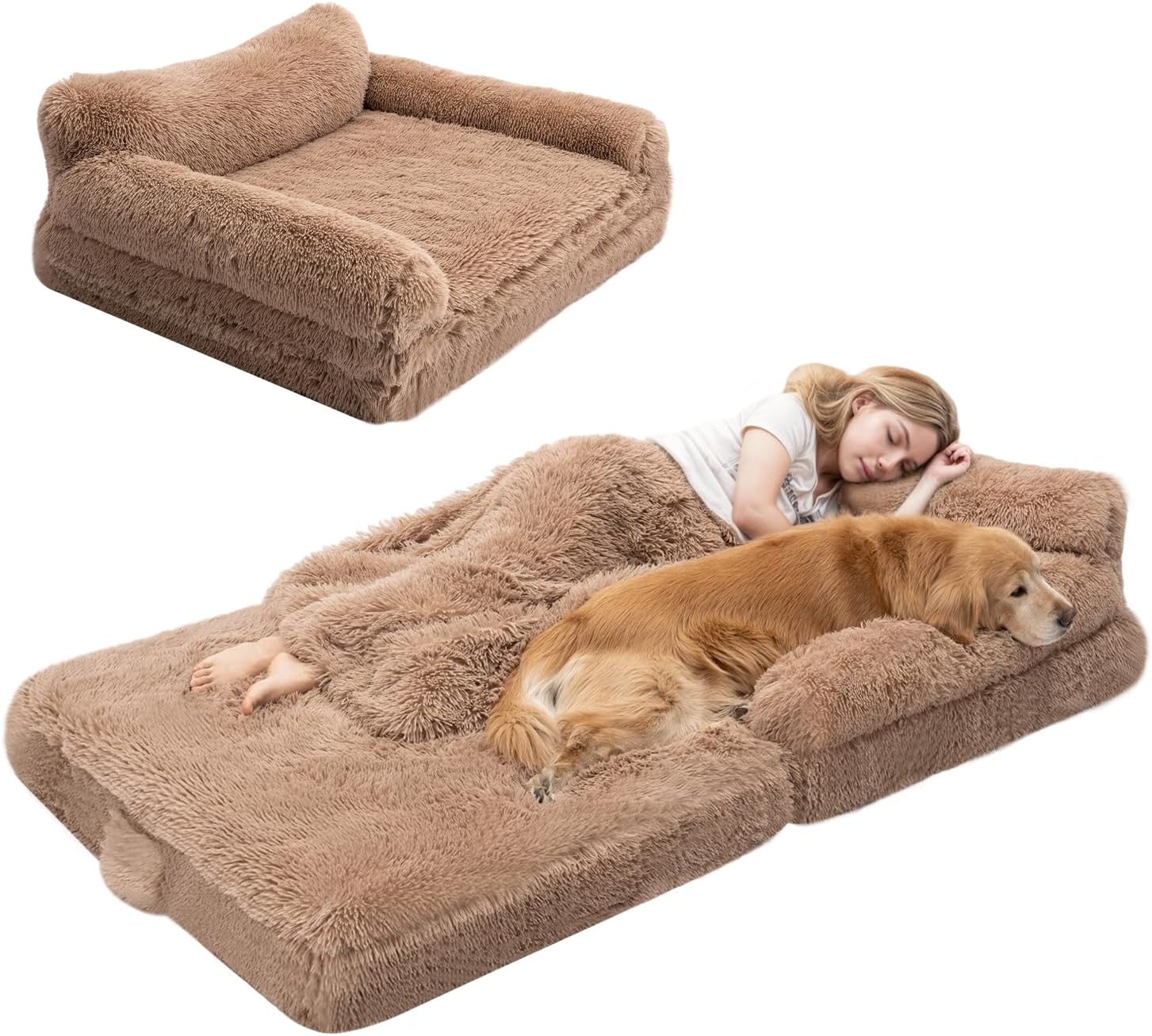 72" Foldable Human Dog Bed for Adults, Fluffy Faux Fur with Blanket, Orthopedic Washable Dog Bed with Memory Foam and Water Repellent Liner Extra Large Thick for Pet (Brown)