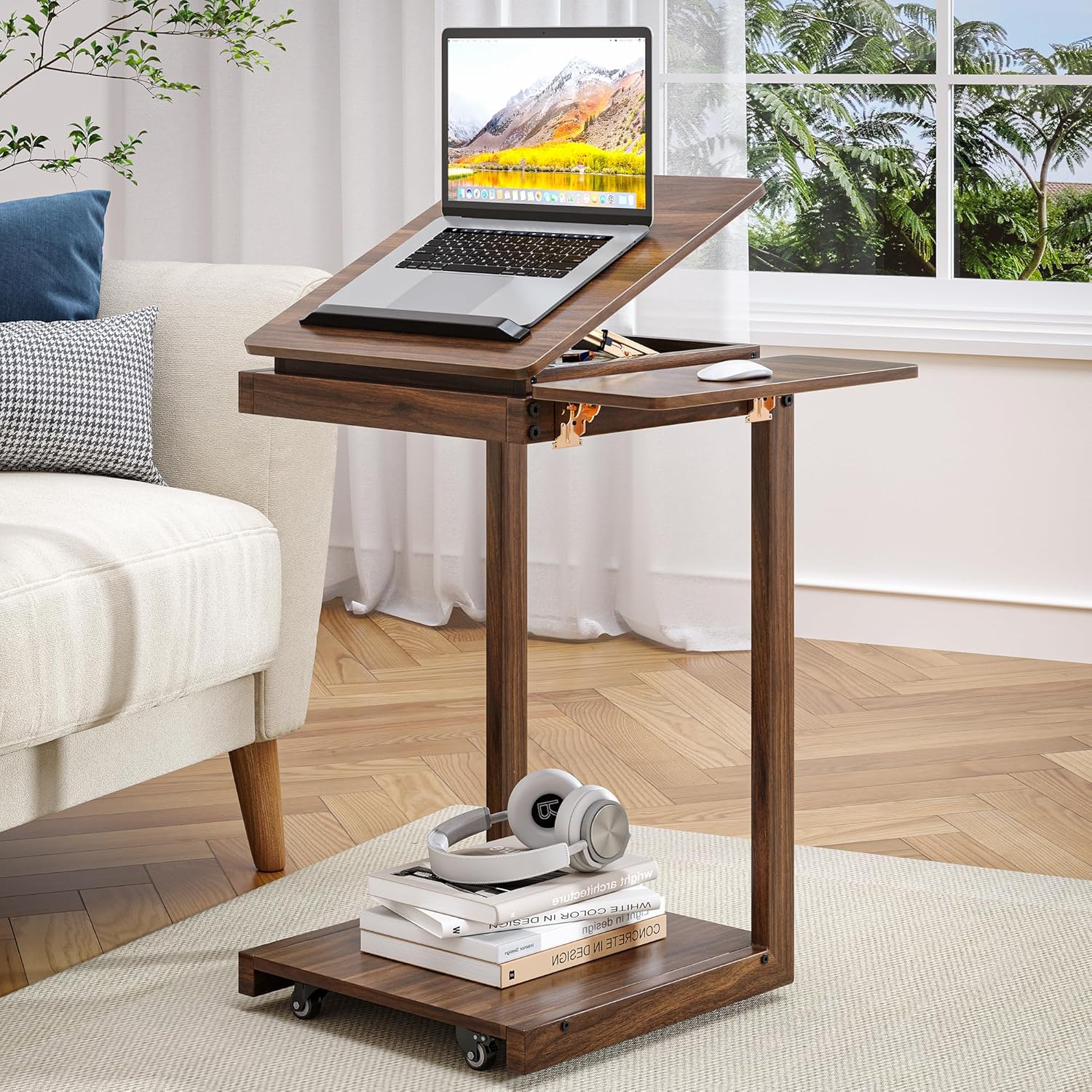 C Shaped End Table, Rolling Side Table with 4-Way Convertible Desktop, Wooden C Table with Multi-functional Folding Tray & Lockable Wheels, Side Table for Couch, Living Room, Bedroom,Walnut