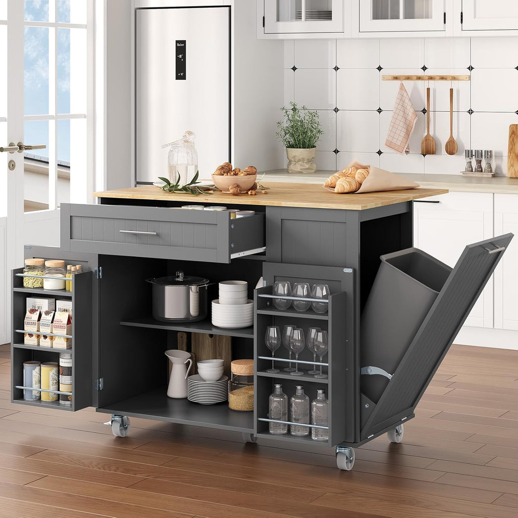 Kitchen Island with Storage, 31.5" D Rolling Kitchen Cart on Wheels with Widen Drop Leaf Rubberwood Top, Large Mobile Kitchen Island with Trash Can Storage and Towel Bar, Grey