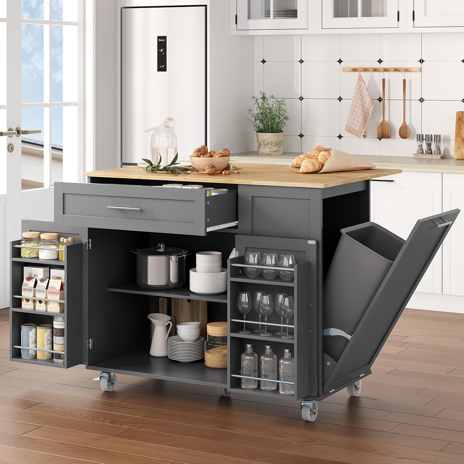 Kitchen Island with Storage, 31.5" D Rolling Kitchen Cart on Wheels with Widen Drop Leaf Rubberwood Top, Large Mobile Kitchen Island with Trash Can Storage and Towel Bar, Grey