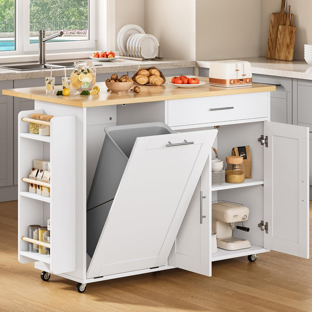 Rolling Kitchen Island with Hidden Trash Can Storage, Kitchen Island on Wheels with Storage, 3-Tier Spice Rack, Towel Rack&Drawer, Mobile Portable Island for Kitchen, White