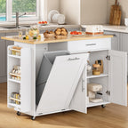 Rolling Kitchen Island with Hidden Trash Can Storage, Kitchen Island on Wheels with Storage, 3-Tier Spice Rack, Towel Rack&Drawer, Mobile Portable Island for Kitchen, White
