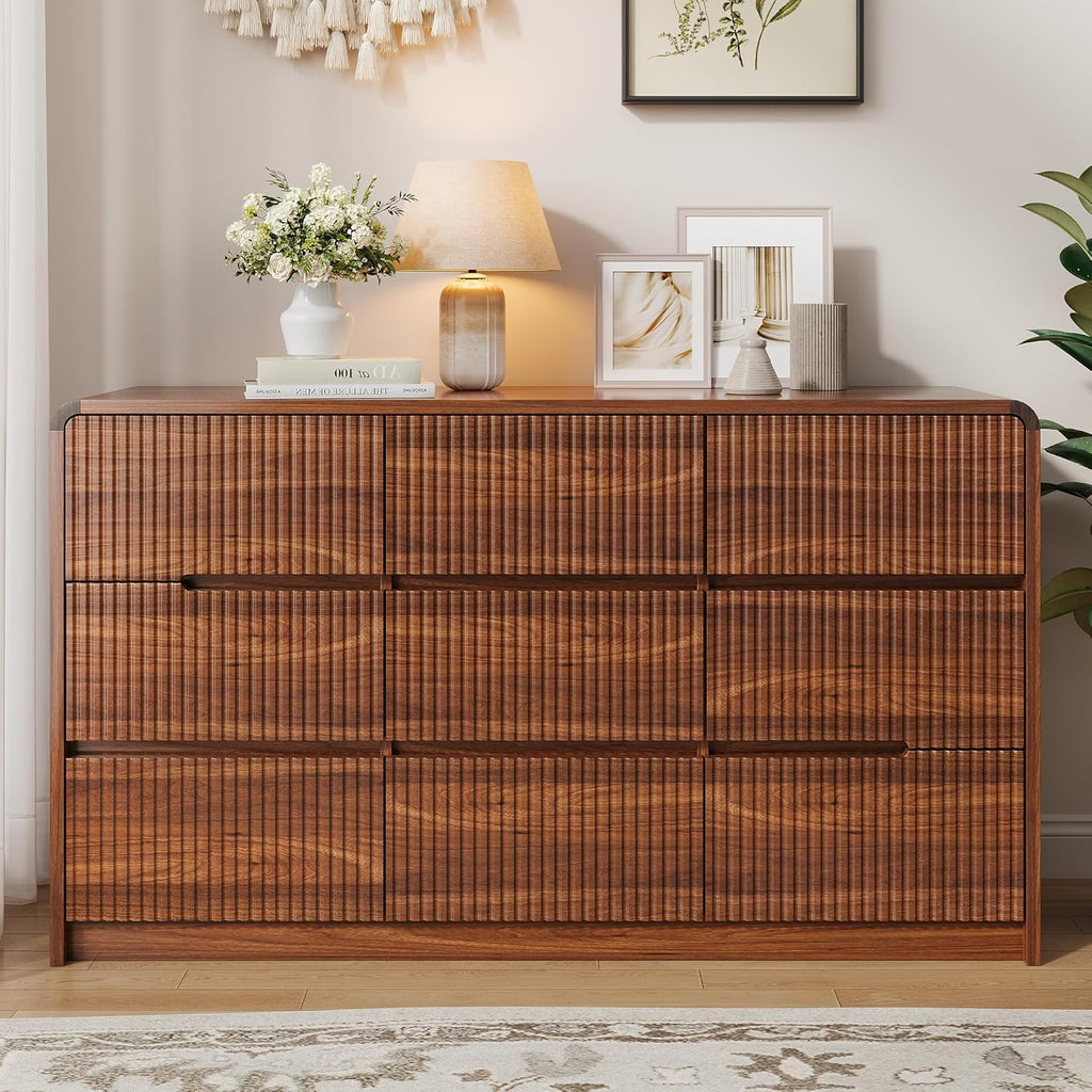 Fluted Dresser for Bedroom, 9 Drawer Dressers for Closet 55" Wide Large Wood Dresser Modern TV Stand, Wooden Clothes Storage Organizer Chest of Drawers for Living Room Hallway Entryway