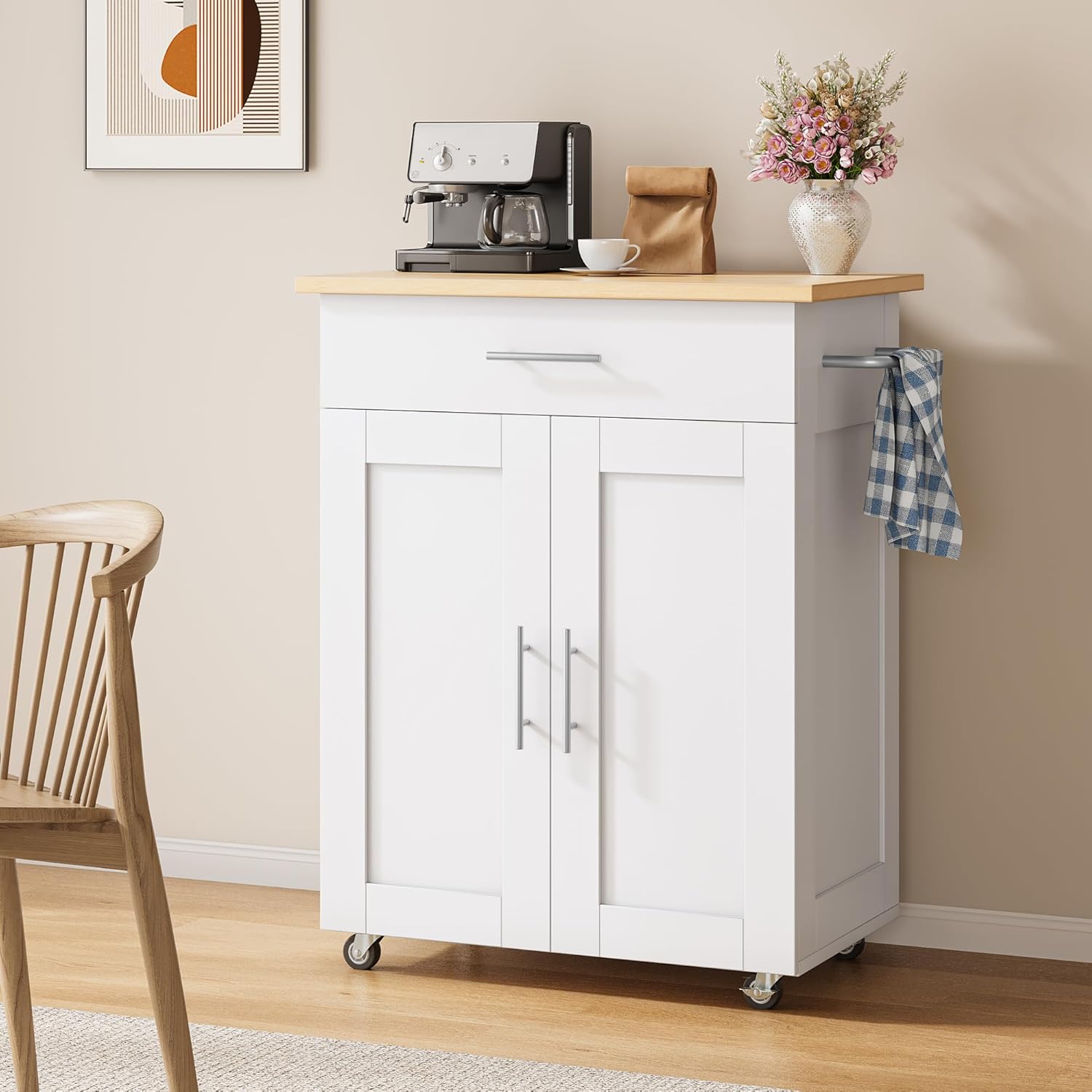 Kitchen Island Cart with Storage, Small Kitchen Island on Wheels with Large Drawer, Adjustable Shelf & Towel Rack, Rolling Island Table for Kitchen & Dining Room, White