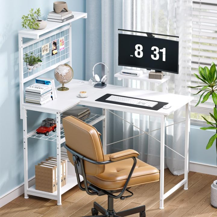 L Shaped Gaming Desk, Reversible Computer Desk with 4-Tier Shelves, Corner Desk with Pegboard, Home Office Desk with LED Lights & Power Outlets Gaming Desk with Storage, White