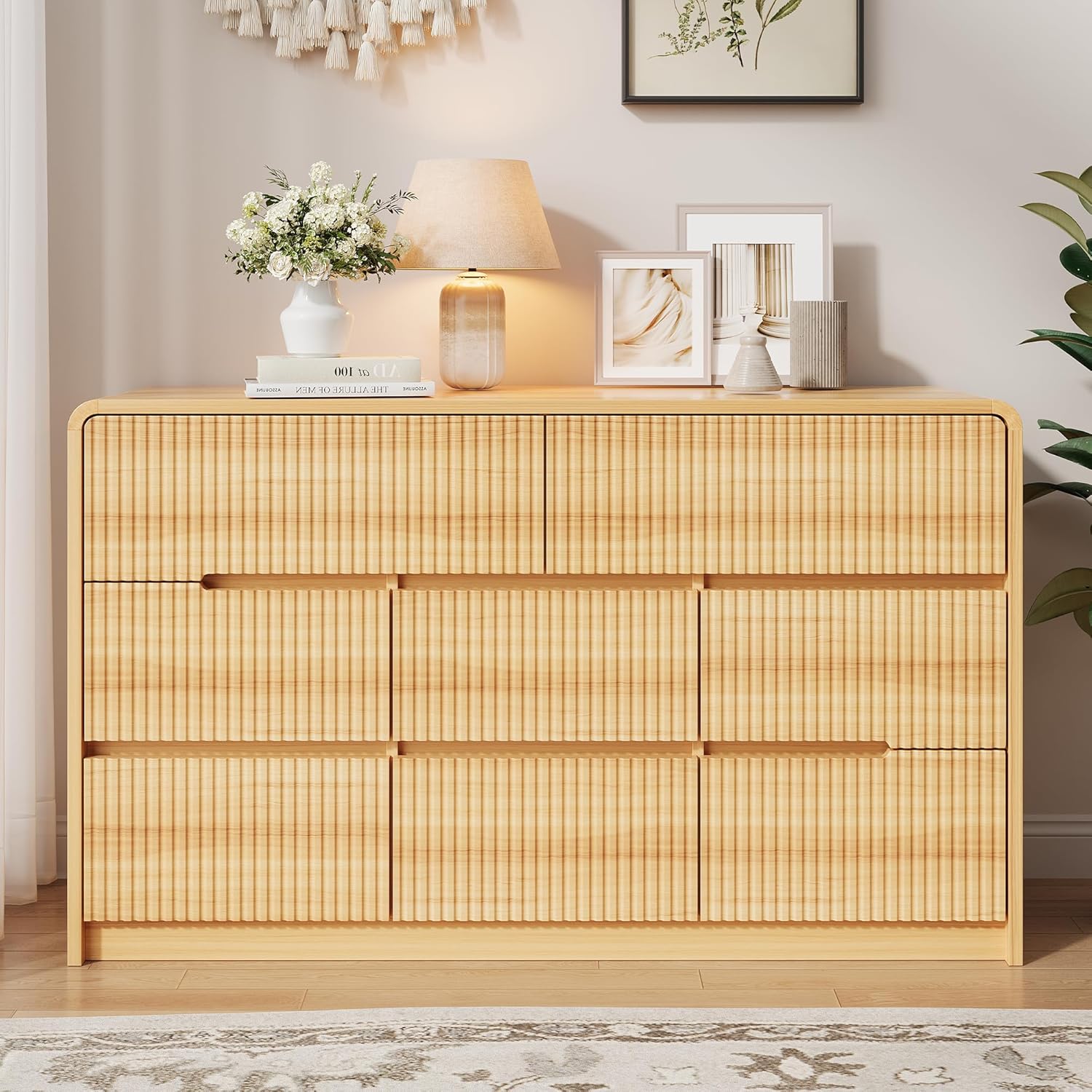Fluted Dresser for Bedroom, 8 Drawer Dressers for Closet 53" Wide Large Wood Dresser Modern TV Stand, Wooden Clothes Storage Organizer Chest of Drawers for Living Room Hallway Entryway