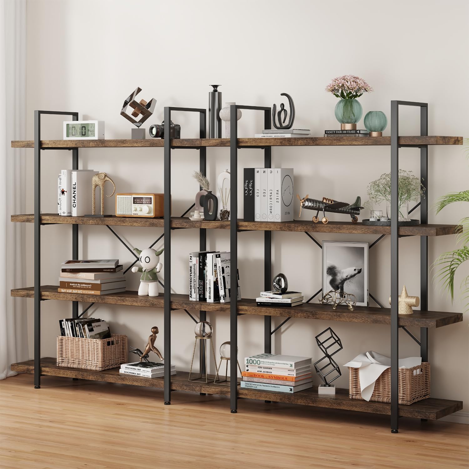Heavy Duty 4-Tier Industrial Bookcase, 47" Wide Wood Bookshelf for Home Office, 120lbs Shelf Capacity, Rustic Open Shelving Display with Reinforced Horizontal Shelf for Living Room Bedroom