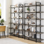 Heavy Duty 6-Tier Industrial Bookcase, 47" Wide Wood Bookshelf for Home Office, 120lbs Shelf Capacity, Rustic Open Shelving Display with Reinforced Horizontal Shelf for Living Room Bedroom, Grey