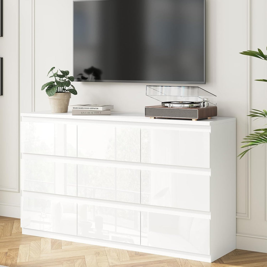 White Wood Dresser for Bedroom, 9 Drawer Clothes Storage | Modern, Handle-Free, High Gloss, Wooden Drawers, 55" long, for Living Room, Entryway, TV Stand