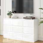 White Wood Dresser for Bedroom, 9 Drawer Clothes Storage | Modern, Handle-Free, High Gloss, Wooden Drawers, 55" long, for Living Room, Entryway, TV Stand