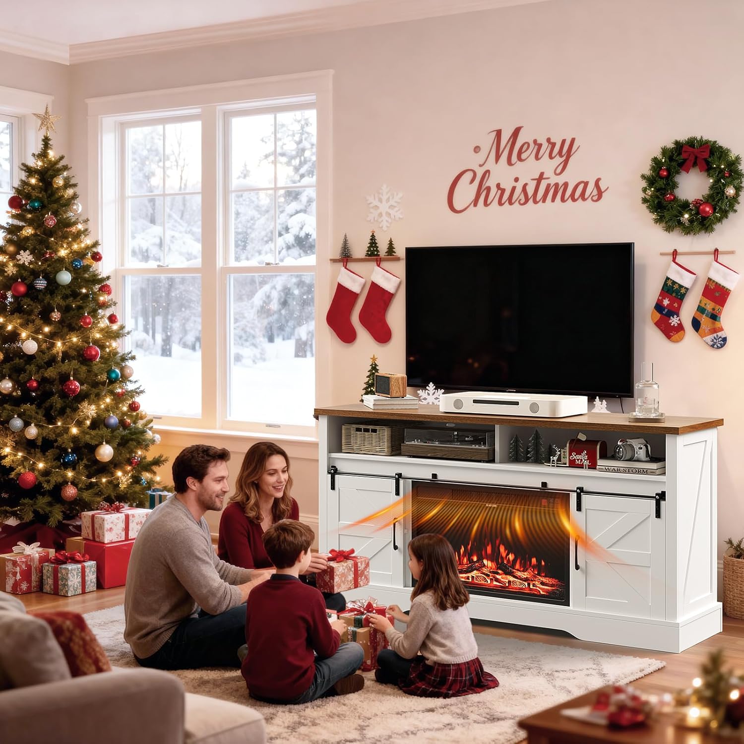 70 inch Fireplace TV Stand for Living Room, Electric Fireplace TV Stand with 12 Colors of 3D Flame & Heating, Entertainment Center with Storage Cabinet (White, Rustic Sliding)