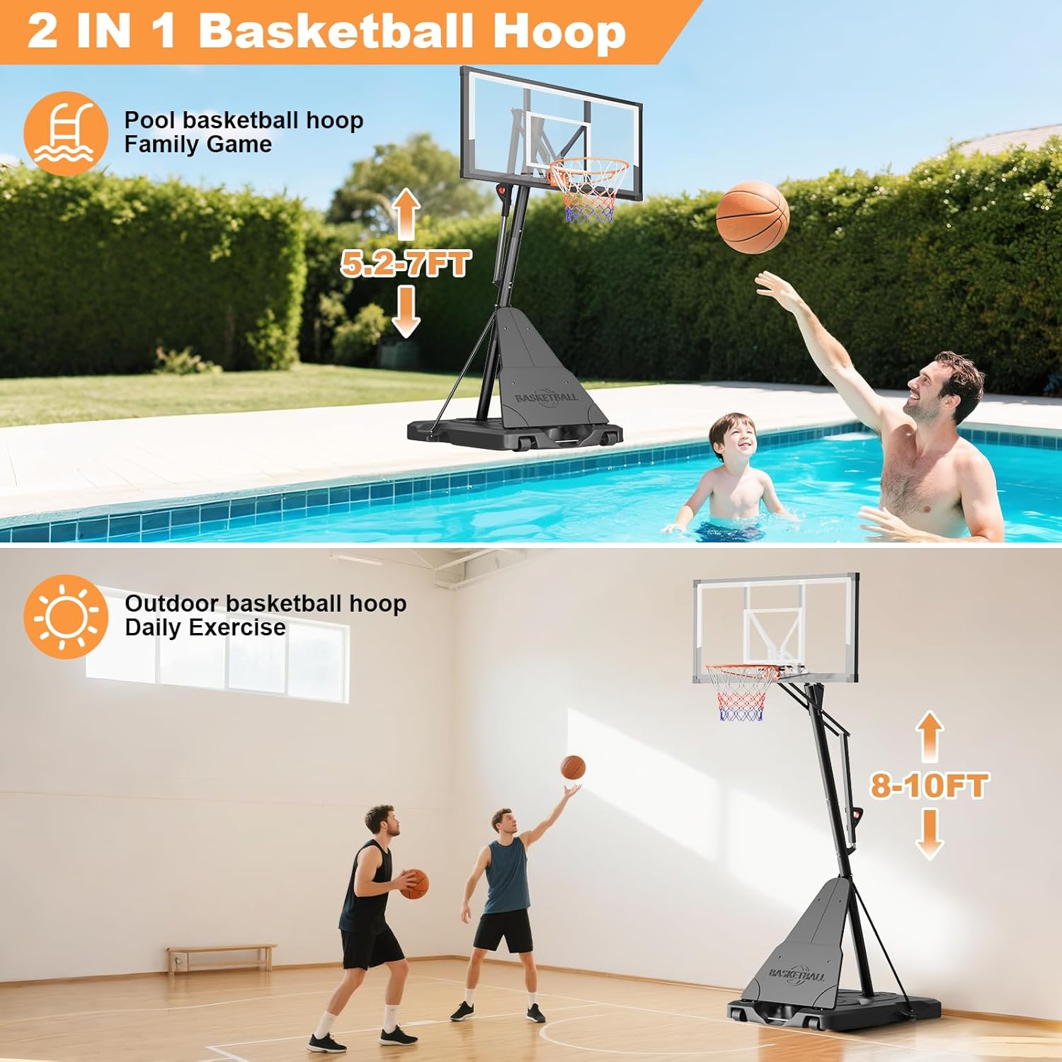 44 Inch Basketball Hoop, 5-10FT Height Adjustable Basketball Hoop Goal System with Shatterproof Backboard and Wheels, Outdoor Portable Basketball Goals for Backyard, Garage, Park (Hand Pull)