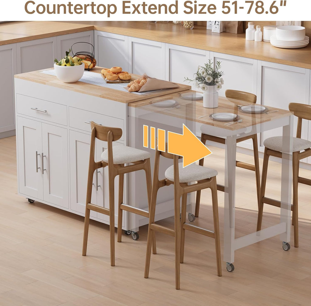 78" Rolling Kitchen Island with Extendable Table, Mobile Kitchen Islands with Storage for 2-4， 3 in 1 Island Cart on Wheels for Small Space with 2 Drawers & 4 Door Cabinet, White