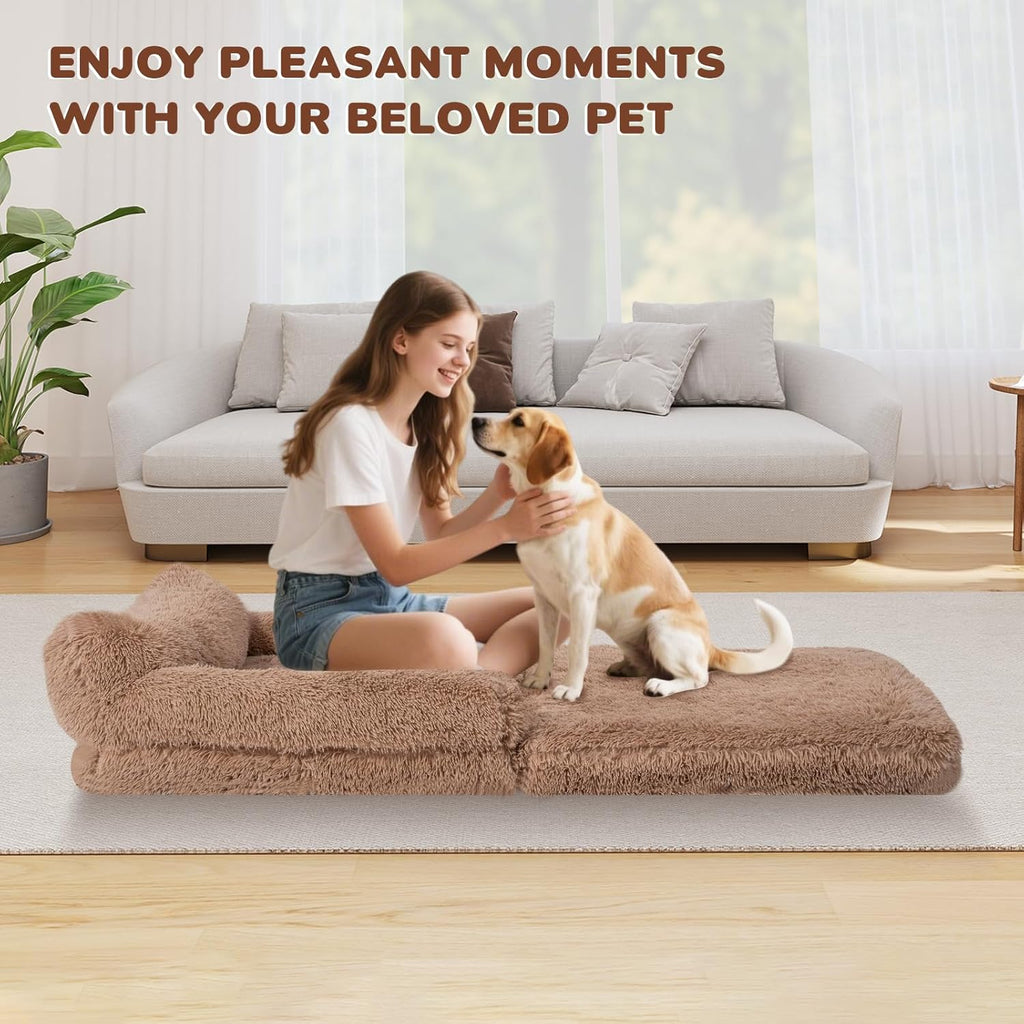 72" Foldable Human Dog Bed for Adults, Fluffy Faux Fur with Blanket, Orthopedic Washable Dog Bed with Memory Foam and Water Repellent Liner Extra Large Thick for Pet (Brown)