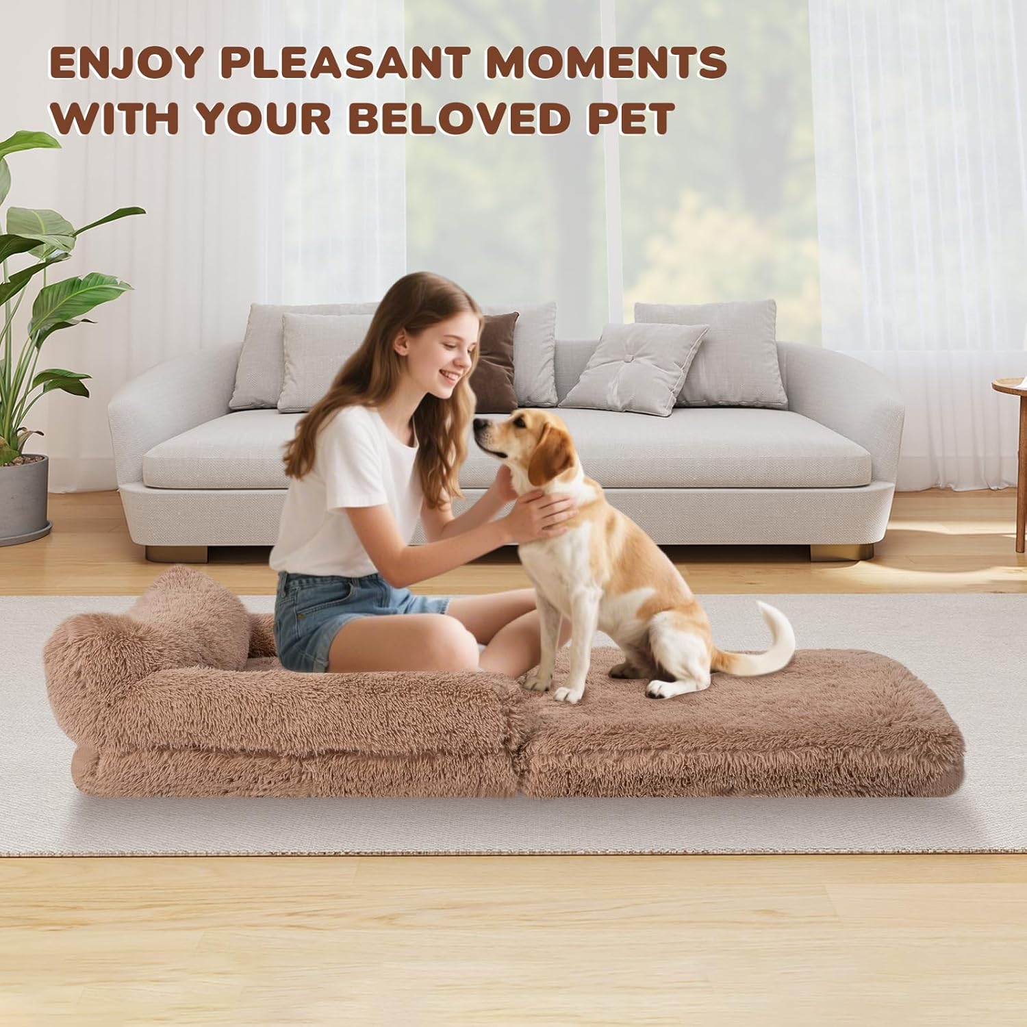 72" Foldable Human Dog Bed for Adults, Fluffy Faux Fur with Blanket, Orthopedic Washable Dog Bed with Memory Foam and Water Repellent Liner Extra Large Thick for Pet (Brown)