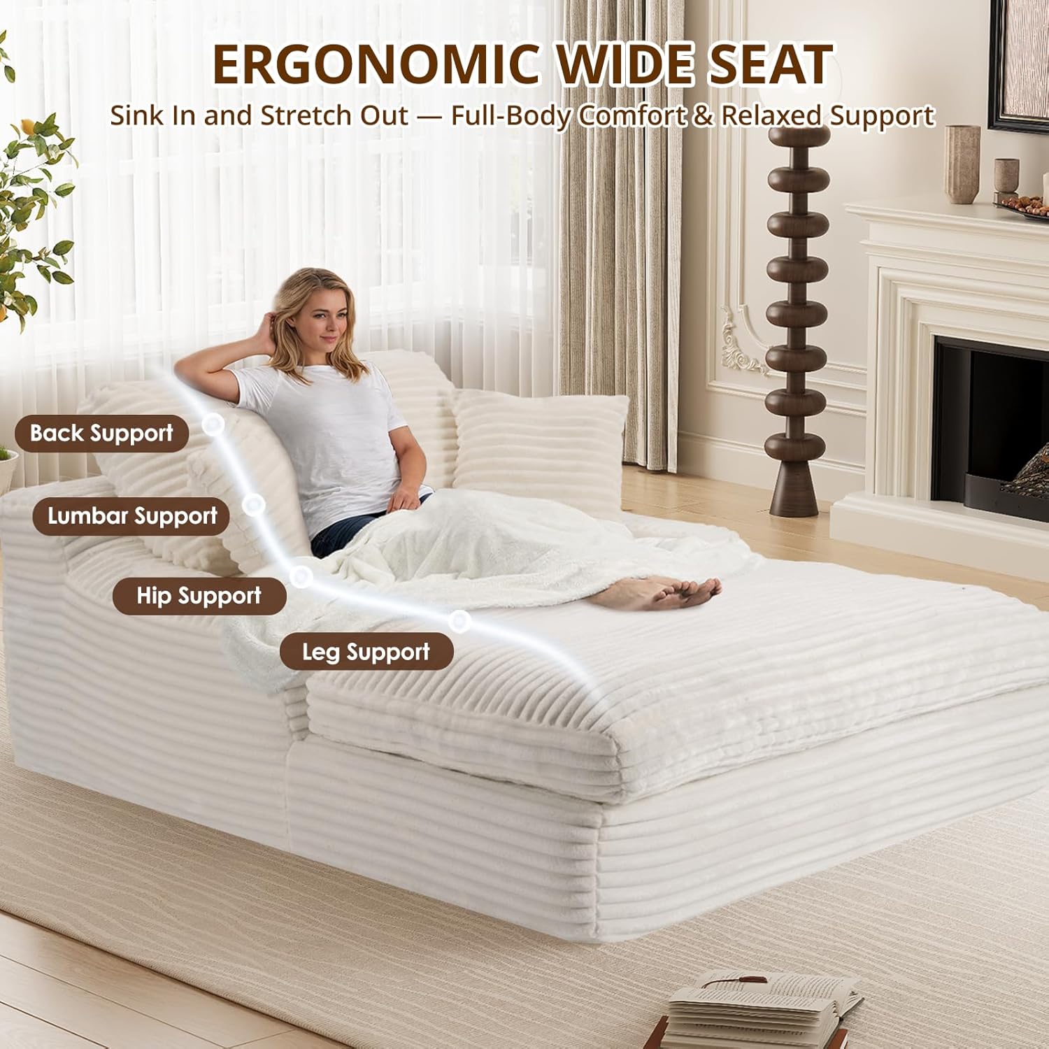 Oversized Chaise Lounge Chair, 57.5'' Deep Seat with 6'' Thick Cushion, Upholstered Sleeper Sofa with Pillows, Comfy Lounge Chair for Tall Adults, Living Room or Bedroom(White)