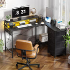 L Shaped Gaming Desk with 4 Drawers, 51" Reversible Computer Desk with Monitor Stand, Home Office Table with USB Port&LED Lights, L Shape Corner Office Desk with Open Shelves&Hooks, Black