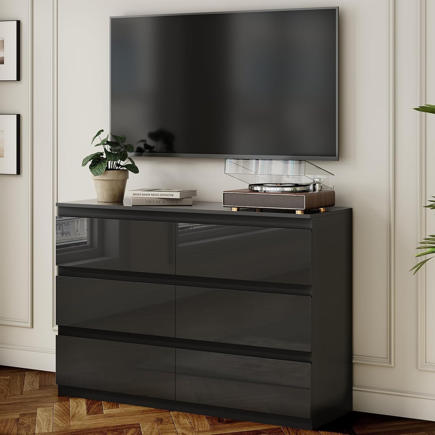 Black Wood Dresser for Bedroom, 6 Drawer Dressers for Clothes Storage, Modern Dresser with Wide Drawers, Wide Wooden Chest Drawers for Living Room, Entryway, TV Stand(47" W x15.4 Dx32.3 H)