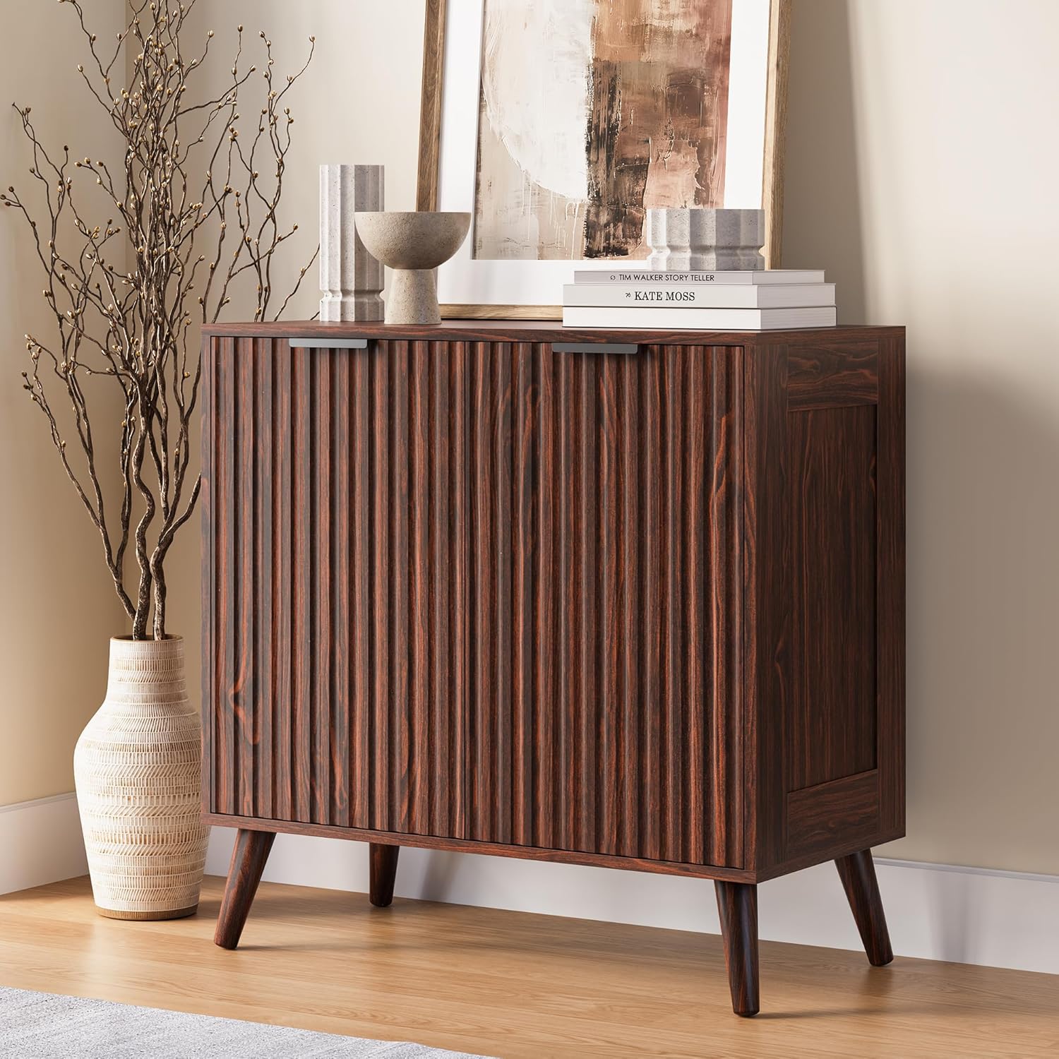 Fluted Sideboard Buffet Cabinet with Storage, Modern Sideboard Cabinet for Dining Room, Accent Credenza with Adjustable Shelves 2 Doors Storage Cabinets for Living Room|Kitchen, Walnut