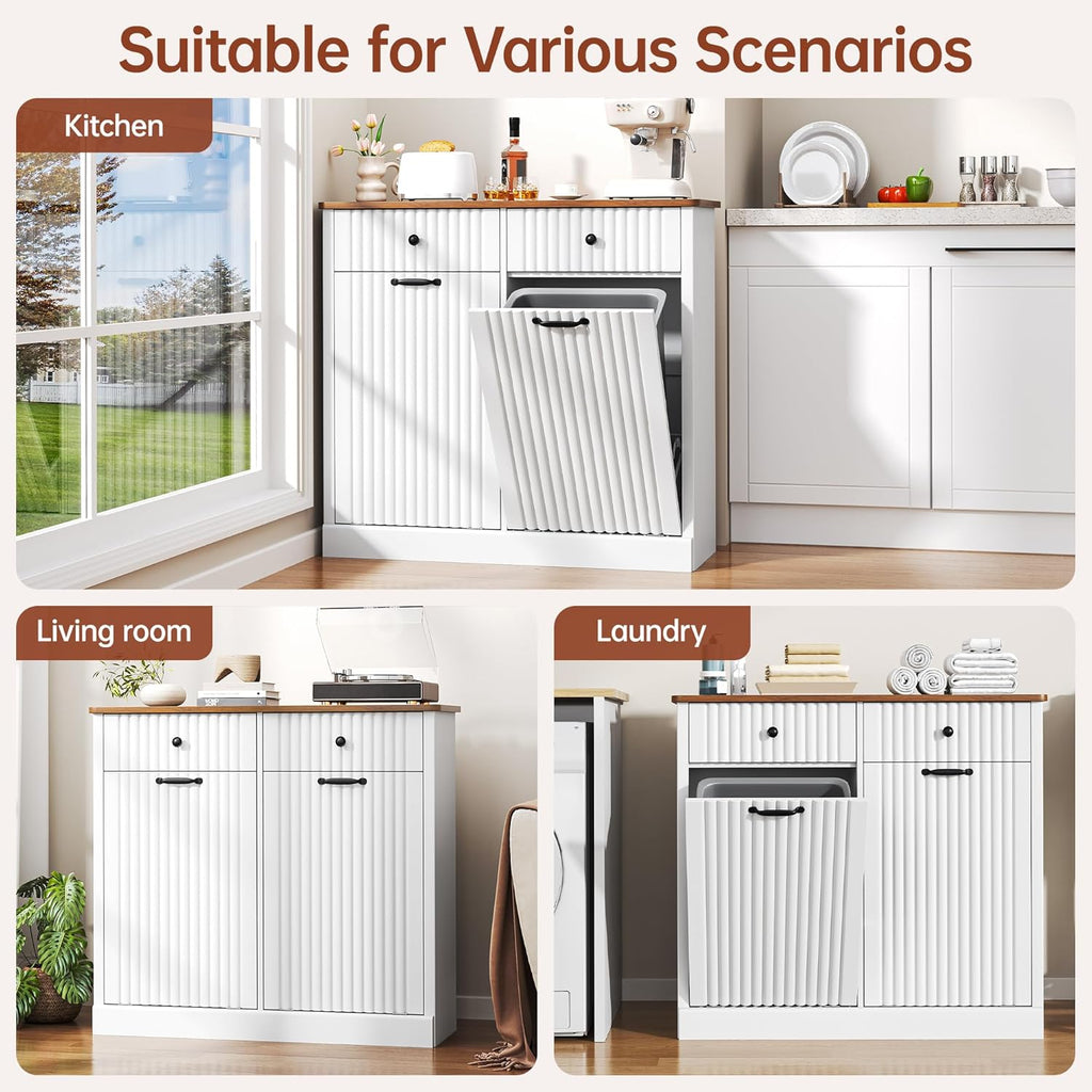 Double Tilt Out Trash Can Cabinet 20 Gallon Large Wooden, Free Standing Laundry Sorter with 2 Hideaway Drawer, 2 Doors Recycling Trash Can Storage for Kitchen (White, 20 Gallon)