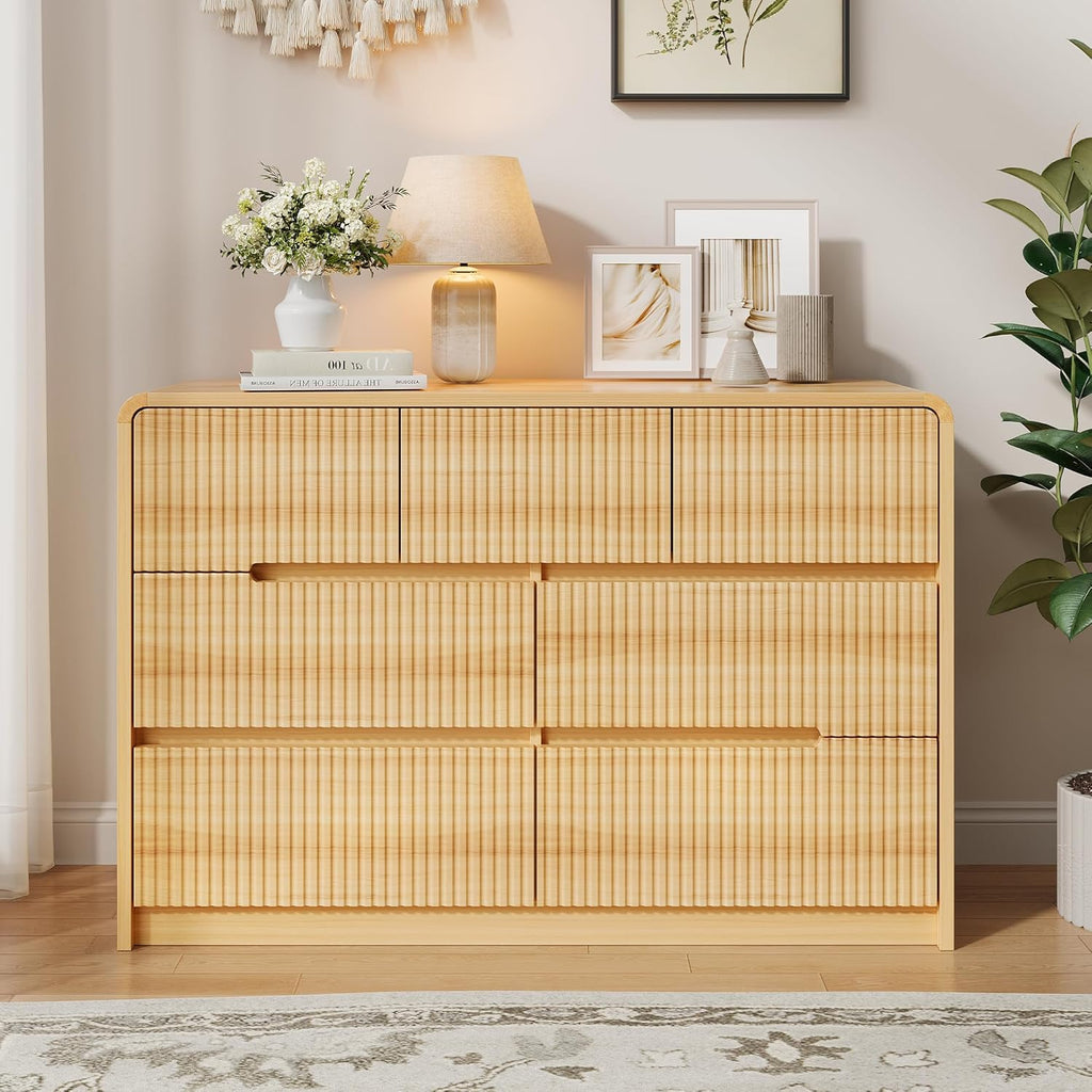 Fluted Dresser for Bedroom, 7 Drawer Dressers for Closet 48" Wide Large Wood Dresser Modern TV Stand, Wooden Clothes Storage Organizer Chest of Drawers for Living Room Hallway Entryway