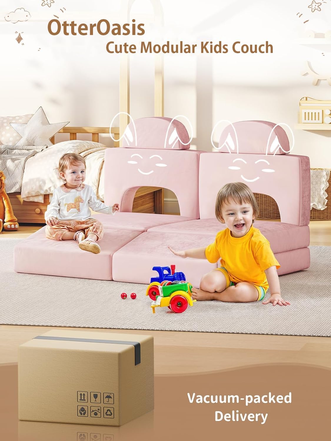 Modular Kids Play Couch, 10PCS Nugget Couch Kids for Boys and Girls, Child Sectional Sofa Versatile Kid Sofa for Playroom, Bedroom, Classroom, Pink