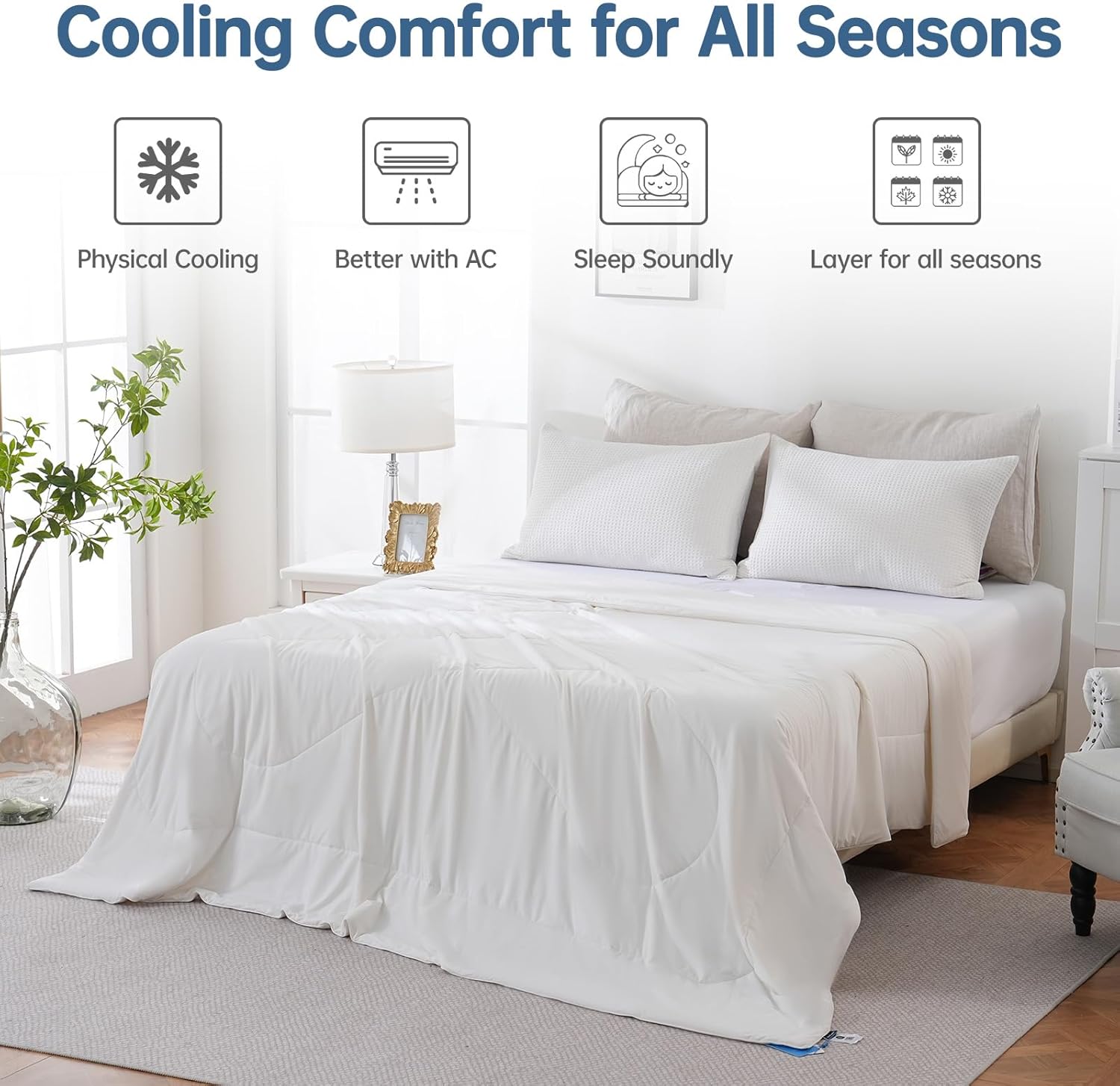 Cooling Comforter Queen Size for Hot Sleepers, 90"x90" Summer Cooling Blanket for Night Sweats, Silk Soft Lightweight Breathable All-Season White Cooling Quilt Blanket