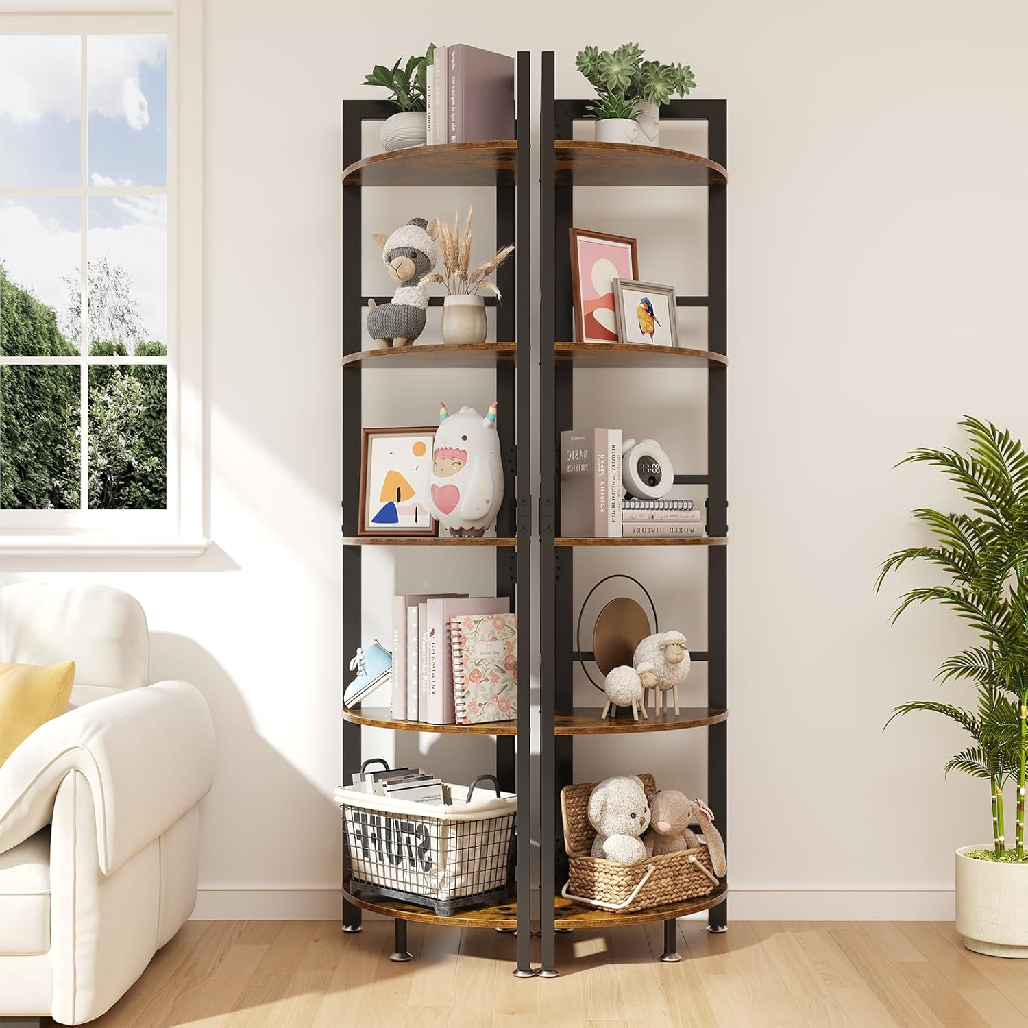 5-Tier Corner Shelf Stand with LED Light, 70 Inch Tall Display Shelf for Living Room, Bedroom, Bookshelf, Industrial Shelf with Steel Frame, Plant Shelf (Brown)