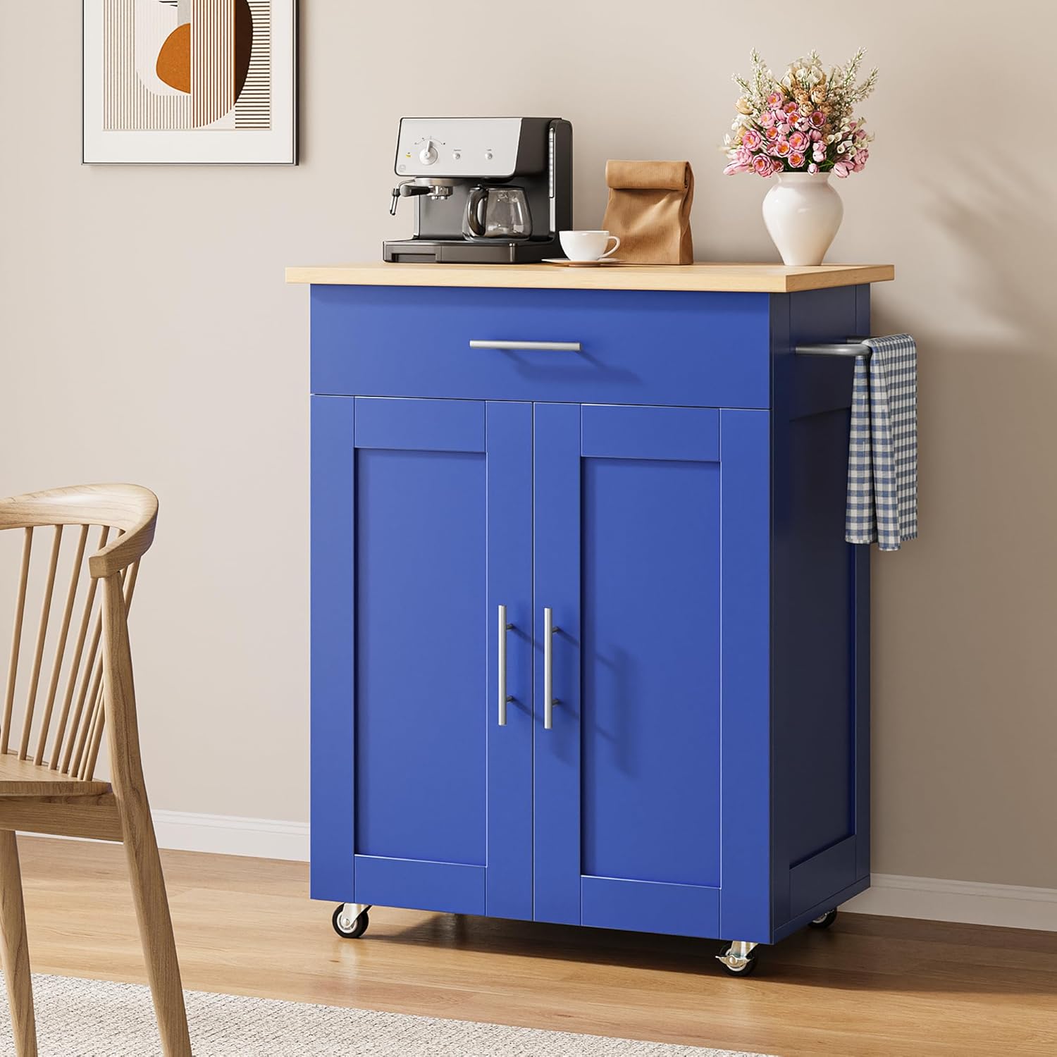 Kitchen Island Cart with Storage, Small Kitchen Island on Wheels with Large Drawer, Adjustable Shelf & Towel Rack, Rolling Island Table for Kitchen & Dining Room, Blue