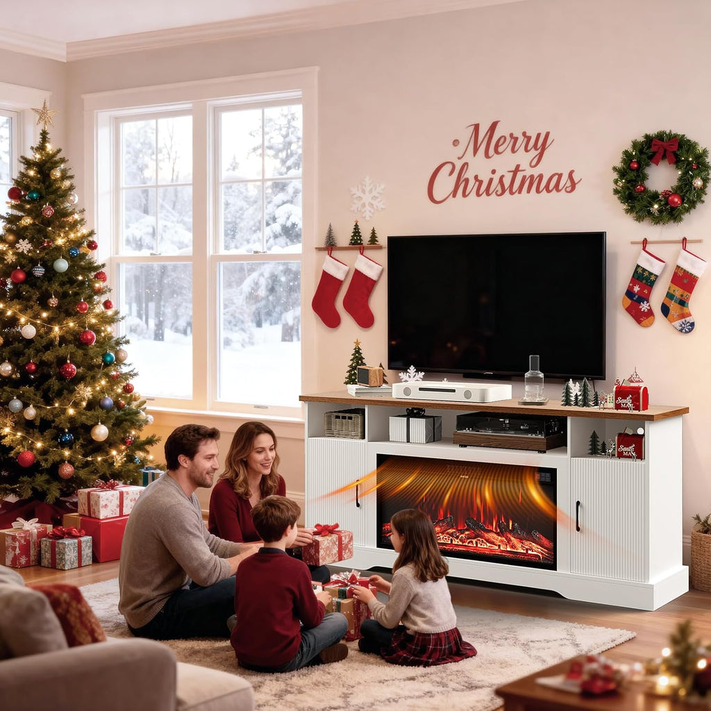 70 inch Fireplace TV Stand for Living Room, Electric Fireplace TV Stand with 12 Colors of 3D Flame & Heating, Entertainment Center with Storage Cabinet (White, Wavecrest)