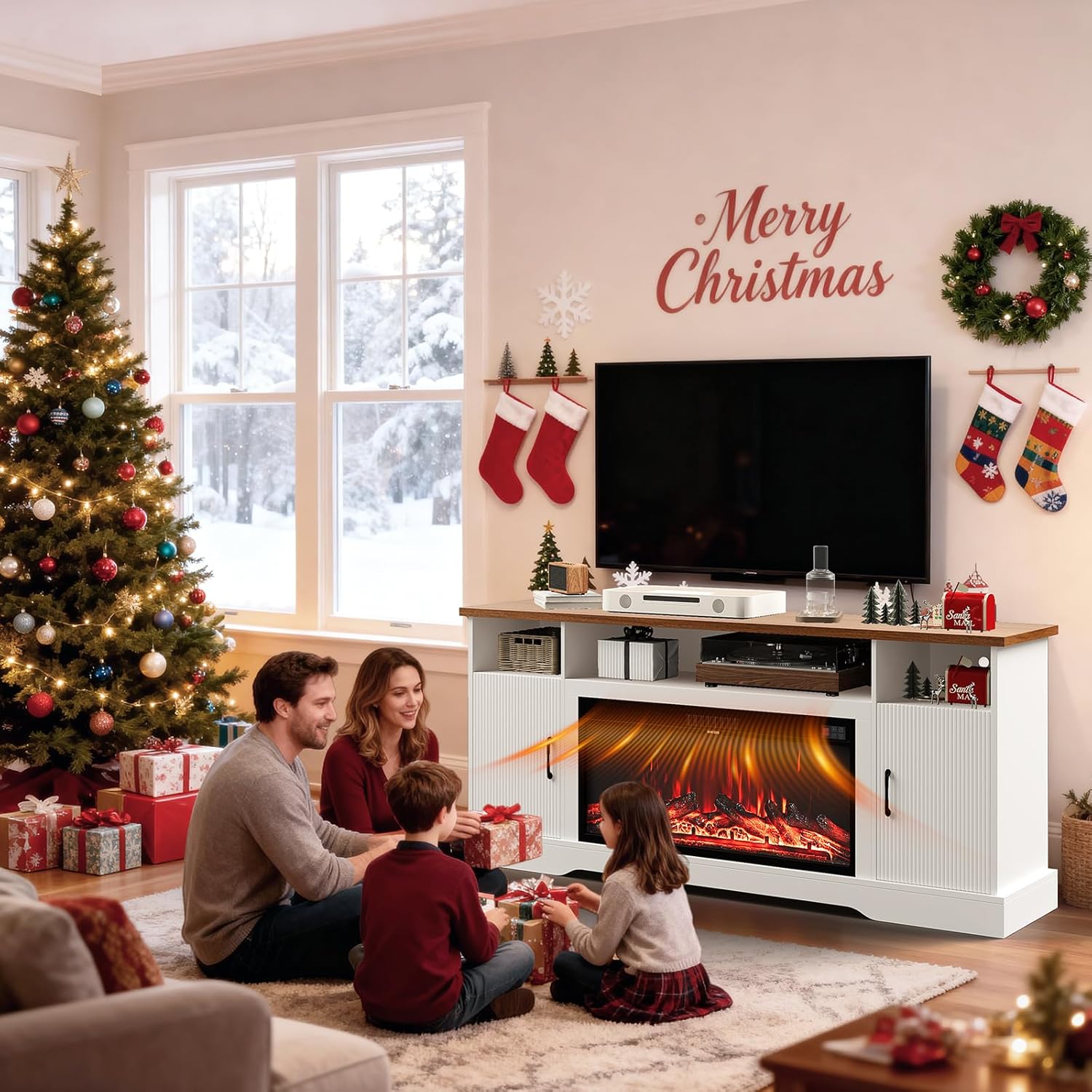 70 inch Fireplace TV Stand for Living Room, Electric Fireplace TV Stand with 12 Colors of 3D Flame & Heating, Entertainment Center with Storage Cabinet (White, Wavecrest)