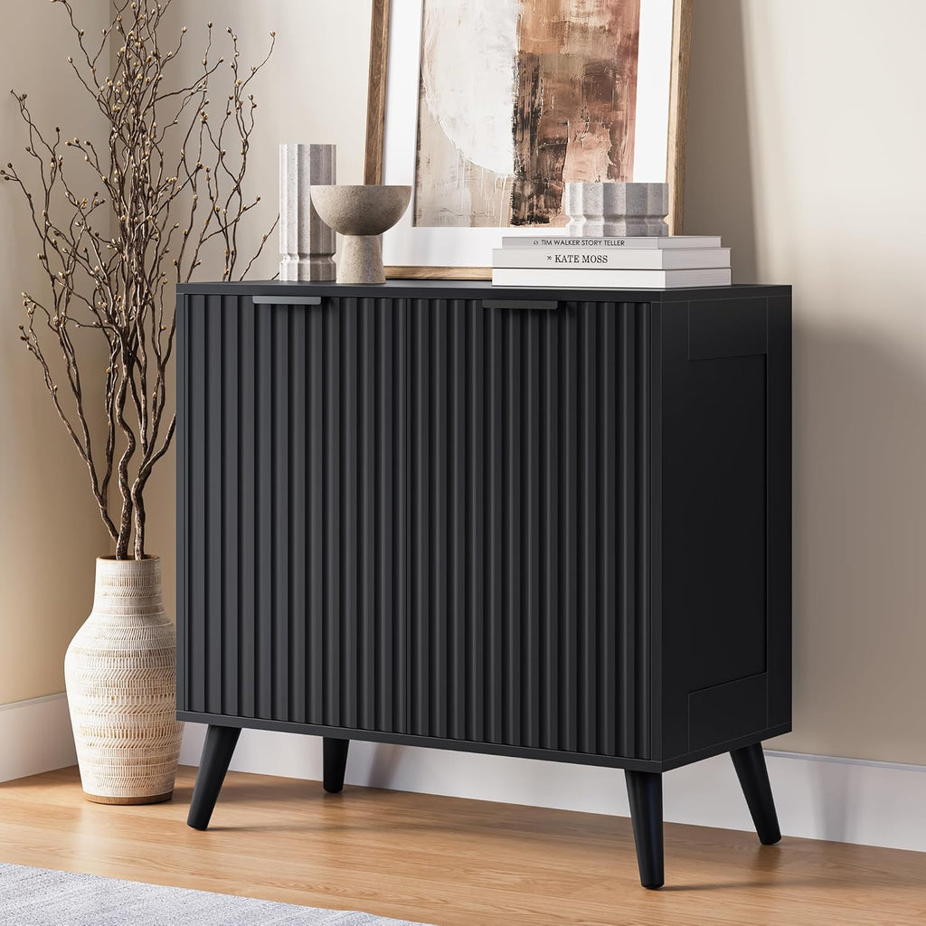 Fluted Sideboard Buffet Cabinet with Storage, Modern Sideboard Cabinet for Dining Room, Accent Credenza with Adjustable Shelves 2 Doors Storage Cabinets for Living Room|Kitchen, Black