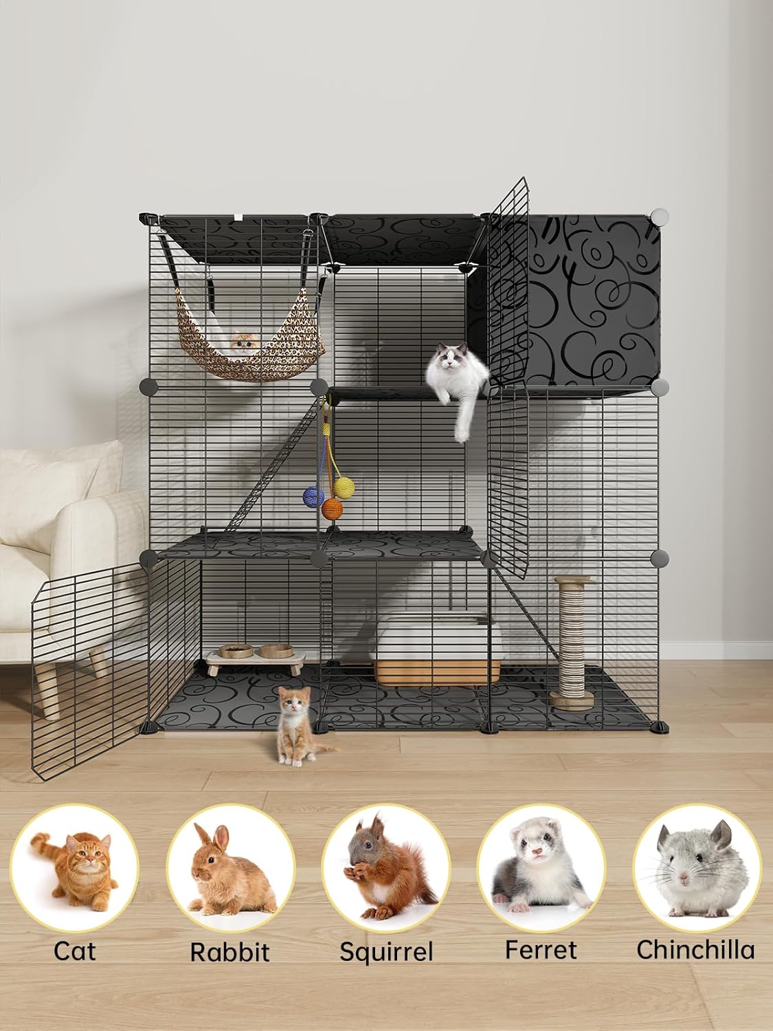 Cat Cages Indoor, 3 Tier Cat Enclosure, Cat Cage with Toy Ball and Cat Hammock for 2-3 Cats