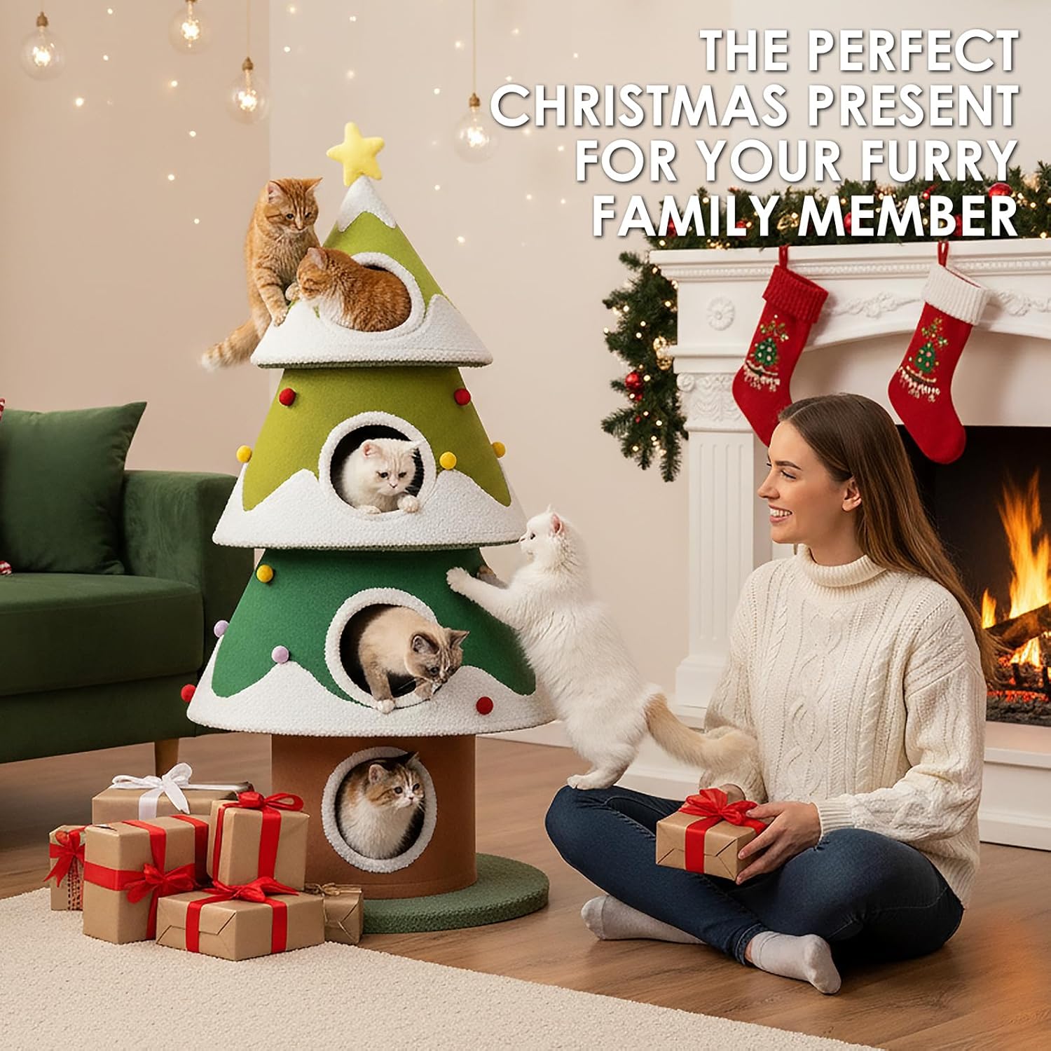 Christmas Cat Tree, 4 Cat House for Multi-Cat Households (Large)