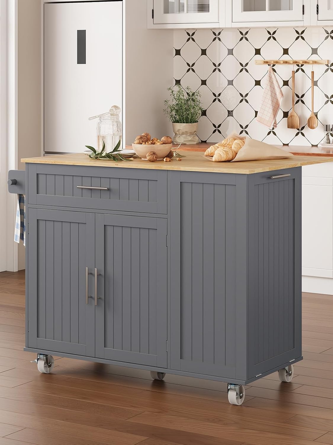 Kitchen Island with Storage, 31.5" D Rolling Kitchen Cart on Wheels with Widen Drop Leaf Rubberwood Top, Large Mobile Kitchen Island with Trash Can Storage and Towel Bar, Grey