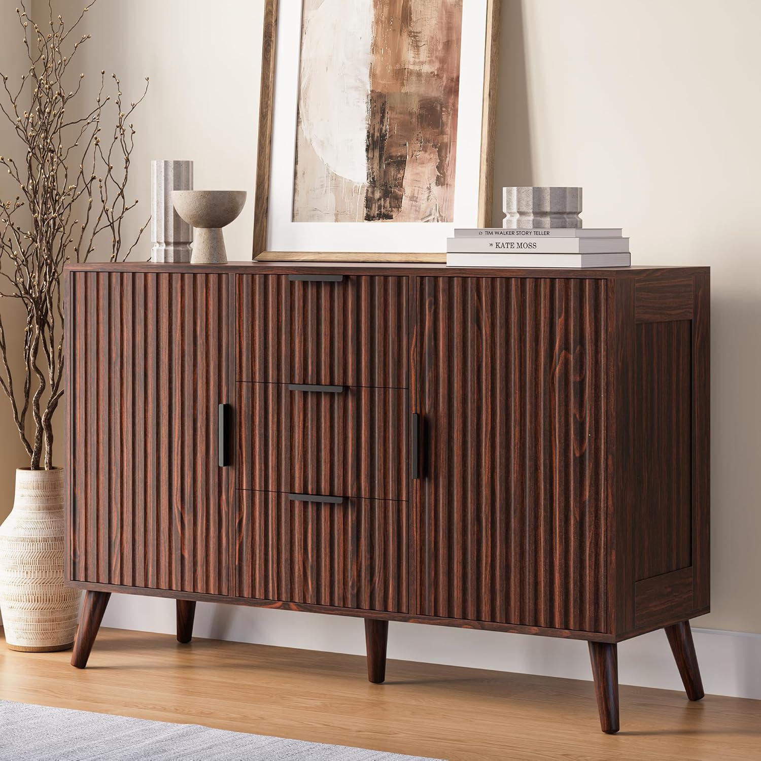47" Walnut Sideboard Buffet Cabinet with 3 Drawers, Fluted Modern Buffet Cabinet with Storage, 2 Doors Sideboard Cabinets Accent Credenza for Dining Room|Living Room|Entryway