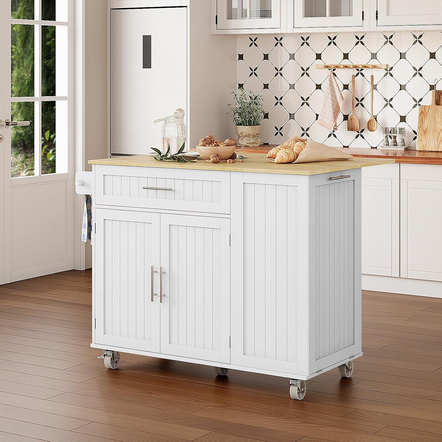 Kitchen Island with Storage, 31.5" D Rolling Kitchen Island Cart on Wheels with Widen Drop Leaf Rubberwood Top, Large Mobile Kitchen Islands with Trash Can Storage and Towel Bar, White