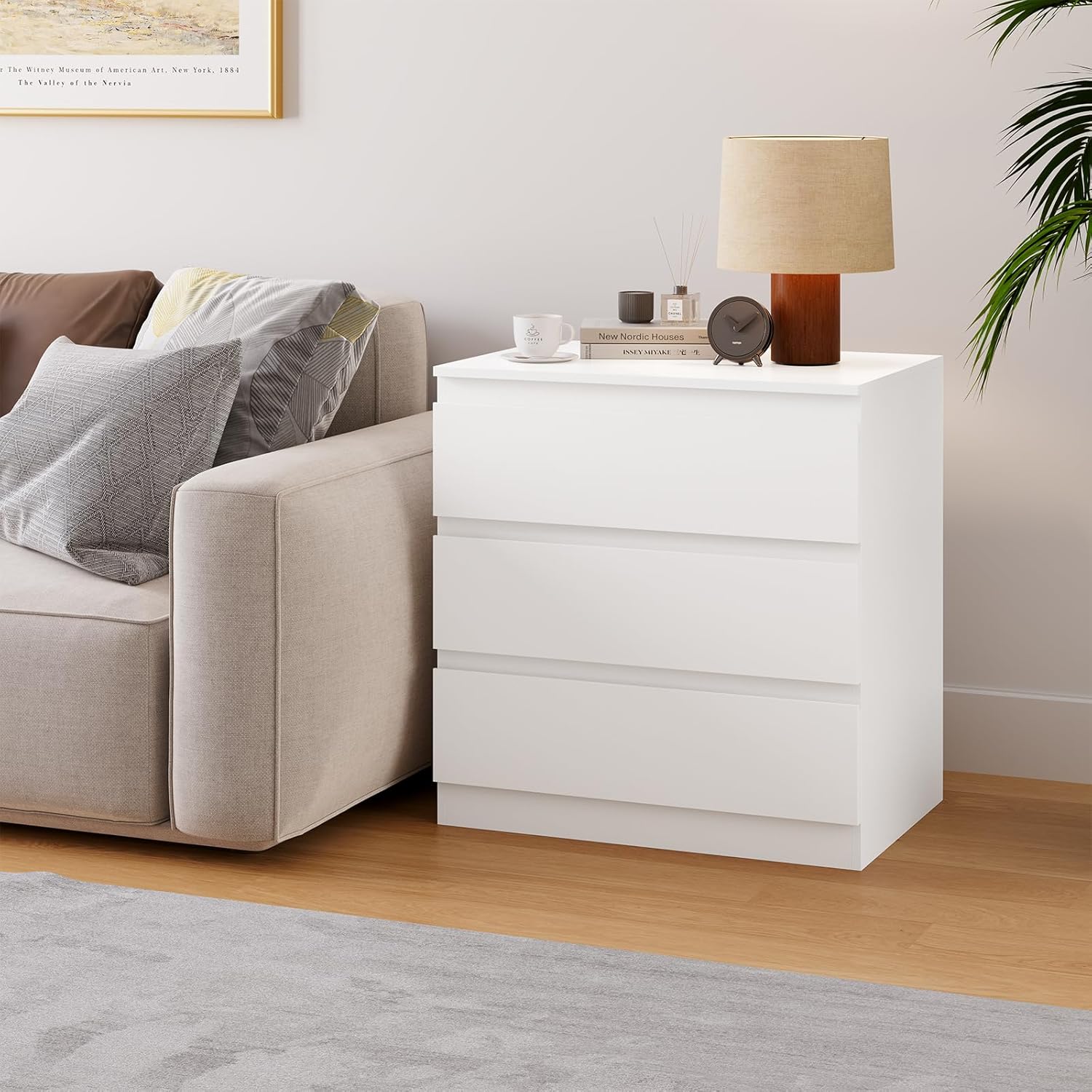White Wood Dresser for Bedroom, 3 Drawer Dresser for Clothes Storage, Modern Dressers with Wide Drawers, Wide Wooden Chest Drawers for Living Room, Entryway, TV Stand